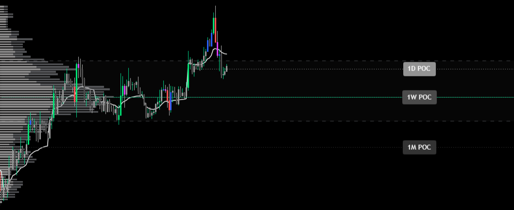 Volume Smart Suite – FRVP volume delta profile with POC, value area, HTF POC levels for 1D, 1W and 1M, and daily VWAP